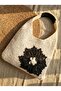 Women's Black Floral Embroidered Zippered Shoulder Bag on Ecru Background - with Internal Compartment (30X40 cm) - 3