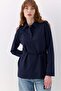 Polo Collar Sweatshirt with Waist Tie Detail, Navy Blue - 3