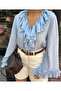 Ruffle Detailed Lace-Up Design Long Sleeve Shirt