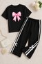 Girl's Pink Bow Detailed T-Shirt Tracksuit Set – Striped Comfortable Casual Sports Combination