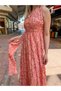 Coral Color Gold Detailed Halter Neck Backless Silk Dress - 3