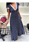 Women's Short Sleeve Deep V-Neck Lace Detailed Patterned Long Single Jersey Dress - 5