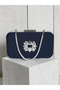 Navy Blue Color Z.A.R.A. Satin Crystal Stone Embroidered Chain Women's Evening Dress Bag Wedding Engagement Graduation - 7