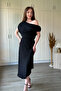 Asymmetrical Midi Black Dress with Draped Shoulders and Waistline - 6