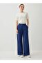 Double Leg Detailed High Waist Trousers - Navy Blue -