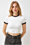 Women's White Contrast Crop Ribbed Blouse Blz-19003343 - 2