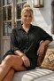 Black Shirt Collar 3/4 Sleeve Buttoned Embroidered Casual Cotton Woven Shirt 70 60 - 3
