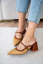Fely Wicker Detailed Genuine Leather Thick Heeled Women's Tan Slippers - 2