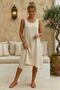 Beige Pool Collar Sleeveless Striped Pocketed Lurex Textured Hem Oval Muslin Woven Dress 108 55