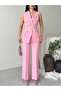Women's Gold Buttoned Belted Vest Fabric Trousers Set - 7