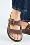 Regina Women's Genuine Leather Double Strap Single Buckle Brown Slippers - 5