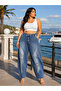 Plus Size Denim Elastic Waist Stoned Ripped Detailed Loose Cut Women's Trousers - 5