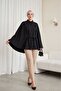 Floral Detailed Belted Poplin Poncho with Pearls - Black - 4