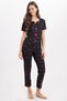 Women's Standard Fit Regular Cut Ribbed Look Bow Detail Short Sleeve Printed Black Pajama Set - 5