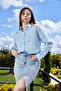 Baby Blue Patch Textured Women's Shirt Classic Cut Long Sleeve Shirt - - 3