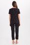 Women's Standard Fit Regular Cut Ribbed Look Bow Detail Short Sleeve Printed Black Pajama Set - 8