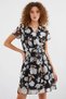 Women's Short Sleeve Belted Floral Patterned Chiffon Black Dress - 5