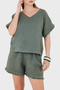 100% Linen Tassel Detailed V-Neck Blouse Bluz 7777 - 5
