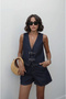 Women's Dark Navy Blue Belt-Detached Denim Vest and Shorts Set - 6