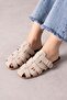 Braga Beige Suede Gold Buckle Multi-Strap Women's Slippers