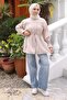Beige Buttoned Sleeve Elastic Waist Drawstring Modal Woven Shirt - 2