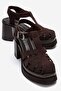 Rovena Brown Suede Platform Block Heeled Women's Sandals