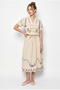 Women's Beige Embroidered Tie Detailed Lined Midi Skirt Blouse Linen Set 3003 60286283