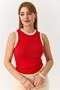 Women's Beige Striped Crew Neck Undershirt Red