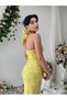 Yellow Glittery Patterned Long Dress Halter Neck Open Back Event Dress - 3