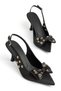 Zerda Women's Black Satin Bow with Gold Detail Classic Heeled Shoes