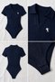 Rider Navy Blue Polo Collar Ribbed Lycra Embroidered Premium Drawstring Short Sleeve Bodysuit - 6