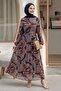 Shawl Pattern Pleated Navy Blue Chiffon Dress