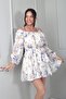 Women's Madonna Collar Shoulder Lace-Up Lined Lined Floral Patterned Short Chiffon Dress - 3