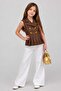 Girl's Chain Detailed Shirt Collar Sleeveless Brown Vest Spanish Flared Pants Bottom Top Set - 2