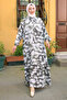 Khaki Half Buttoned Elastic Sleeve Tie-Dye Patterned Viscose Dress - 2