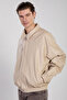Men's double pocket detailed bomber leather jacket - stone - 4