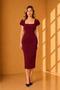 Burgundy Crepe Fabric Square Collar Slit Design Midi Pencil Evening Dress 99157 - 5