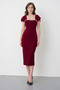 Burgundy Crepe Fabric Square Collar Stone Embellishment and Slit Design Midi Pencil Dress 77157 - 4