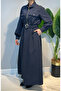 Belted Half-Zip Double Pocket Chic Line Striped Dress 5161 Navy Blue - 3