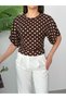Women's Brown-White Crew Neck Wide Sleeve Polka Dot Blouse Elt7249
