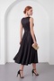 Women's Black Thick Strap Belted Midi Evening Dress - 6