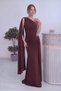 Women's One-Shoulder Cape Draped Stone Detailed Long Crepe Evening Dress Yellow, Navy Blue, Brown, Burgundy - 4