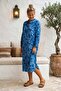 Blue Hakim Collar Long Sleeve Patterned Buttoned Hidden Pocket Casual Viscose Woven Dress 118 67 - 4