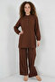 Women's High Collar Buttoned Viscose Brown Double Suit - 2
