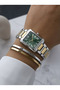 Roman Numeral Square Case Green Dial Double Color Metal Band Women Wristwatch