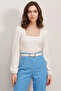 Women's Round Neck Embossed Fabric White Blouse - 2