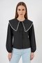 Women's Baby Collar Ruffled Edge Cotton Black Shirt - 3