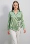 Women's Double-Breasted Collar Belted Waist Satin Green Shirt - 4