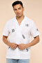Embroidered Shirt with Revere Collar and Short Sleeves