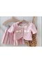 Girls Pink Outfit Set, Puff Sleeve Jacket with Bow Details, Pleated Skirt, Pearl Buttons, Birthday Dress